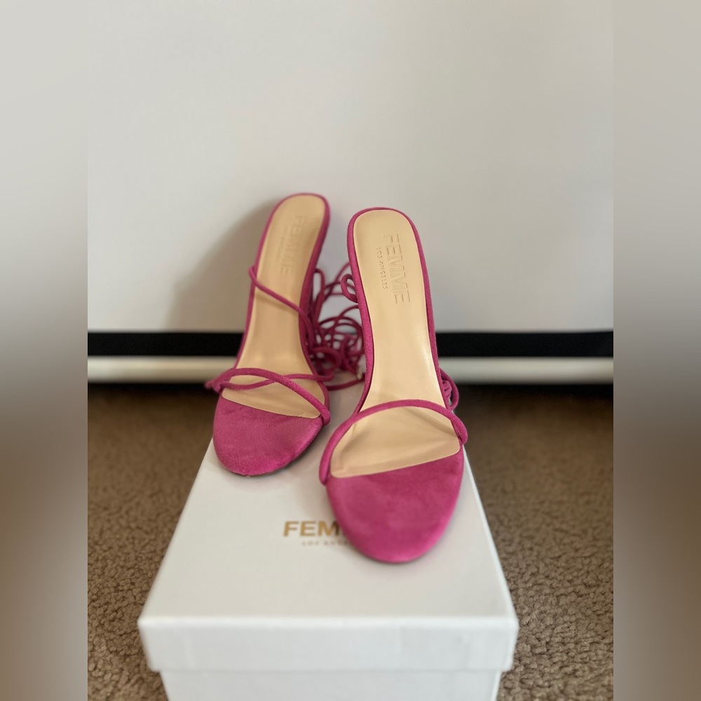 Femme Barely There Lace Up Sandals in Deep Pink as seen on Hailey Bieber